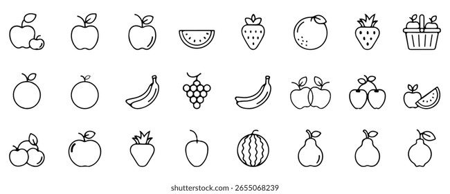 Coleção de ícones de frutas desenhadas à mão em estilo doodle. Inclui várias frutas como maçã, banana, melancia, e mais em simples arte de linha preta e branca.