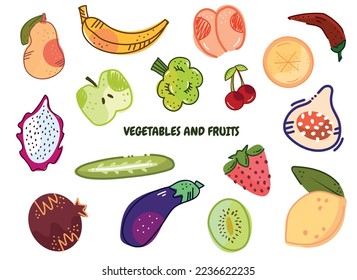 Collection of hand drawn fruits, vegetables and berries.