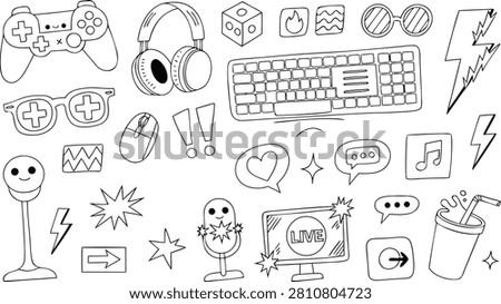Collection of hand drawn gaming gear and streaming social media doodles including controller keyboard and microphone illustrations perfect for streamers gaming channel overlays creative blog post graphics.