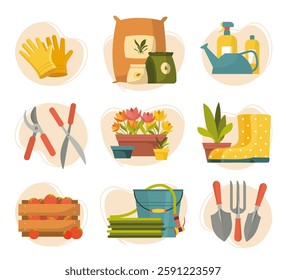 Collection of hand drawn gardening essentials. Yellow gloves, pruning shears, flower pots, watering can, fertilizers, rubber boots, hose, shovel and harvest crate. Farming concept. Vector illustration