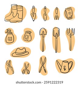 Collection of hand drawn gardening tools. Shovel, rake, trowel, pruning shears, watering can, rubber boots, fertilizer bag and hat. Minimalist outline sketch farming elements. Vector illustration.