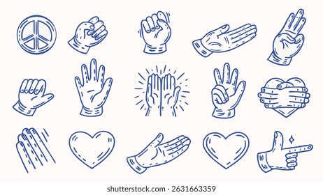 Collection of Hand Drawn Gesture Icons Representing Positivity Happiness and Wellbeing