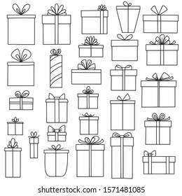 Collection of hand drawn gift boxes isolated on white background. Vector illustration