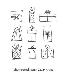 Collection of hand drawn gift boxes and pack illustrations. Black outline winter holidays design elements. Doodle vector drawing isolated on white background. Line art.