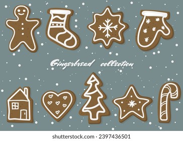 Sammlung mit handgezeichnetem Lebkuchengebäck. Weihnachten auf blauem Hintergrund mit Schneeflocken. Gebäck mit traditionellem Gebäck