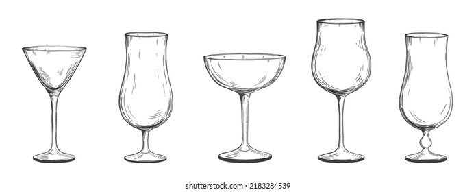 Collection of hand drawn glass goblets for alcohol. Vector illustration in sketch style