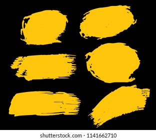 Collection Of Hand Drawn Gold Grunge Brushes. Vector Black Paint, Ink Brush Stroke, Brush. Dirty Artistic Creative Design Elements. Perfect For Logo, Banner, Frame, Icon. Freehand Drawing.