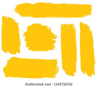 Collection Of Hand Drawn Gold Grunge Brushes. Vector Black Paint, Ink Brush Stroke, Brush. Dirty Artistic Creative Design Elements. Perfect For Logo, Banner, Frame, Icon. Freehand Drawing.
