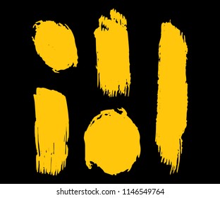 Collection Of Hand Drawn Gold Grunge Brushes. Vector Black Paint, Ink Brush Stroke, Brush. Dirty Artistic Creative Design Elements. Perfect For Logo, Banner, Frame, Icon. Freehand Drawing.