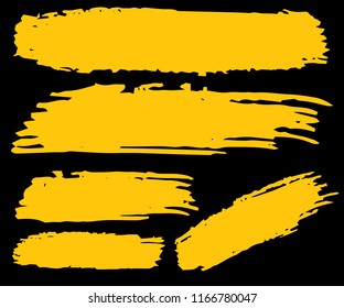 Collection Of Hand Drawn Gold Grunge Brushes. Vector Black Paint, Ink Brush Stroke, Brush. Dirty Artistic Creative Design Elements. Perfect For Logo, Banner, Frame, Icon. Freehand Drawing.