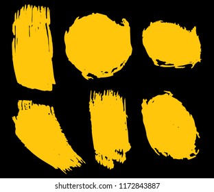 Collection Of Hand Drawn Gold Grunge Brushes. Vector Black Paint, Ink Brush Stroke, Brush. Dirty Artistic Creative Design Elements. Perfect For Logo, Banner, Frame, Icon. Freehand Drawing.
