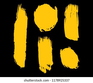 Collection Of Hand Drawn Gold Grunge Brushes. Vector Black Paint, Ink Brush Stroke, Brush. Dirty Artistic Creative Design Elements. Perfect For Logo, Banner, Frame, Icon. Freehand Drawing.
