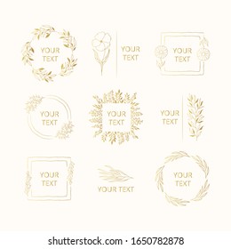 Collection of hand drawn gold wedding branding logos with floral branches, flowers and herbs. Golden wreaths, frames and borders for elegant design. Vector isolated simple templates.