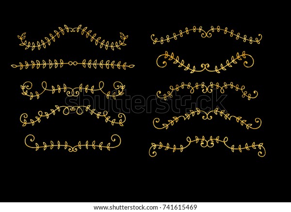 Collection of hand drawn golden borders with\
leaves isolated on black background. Vector illustration for your\
design.
