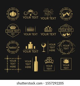 Collection of hand drawn golden bottle branding with glasses, crowns. Gold wreaths, frames and borders for alcohol royal design. Vector isolated.