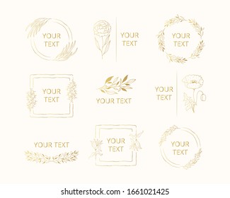 Collection of hand drawn golden branding logos and monograms with floral branches, flowers and herbs. Gold wreaths, frames and borders for elegant design. 