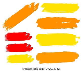 Collection of hand drawn golden, red grunge brushes. Vector Grunge Brushes. Dirty Artistic Design Elements. Creative Design Elements. White background. Distress Frame, Logo, Banner, Wallpaper.
