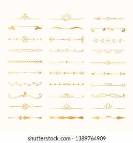 Collection of hand drawn golden wedding dividers. Vector gold calligraphic lines, vintage borders and floral laurels. Vector isolated flourish ink elements.