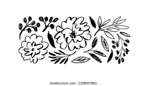 Collection of hand drawn graphic flower and leaves. Floral clip art elements. Branches, leaves and buds. Vector set of charcoal flowers with dry texture. Black illustration isolated on white