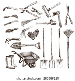 Collection of hand drawn graphic garden tools. 