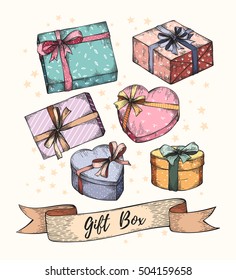 Collection of hand drawn graphic gift boxes with ribbons and bows. Christmas, New Year, Birthday, anniversary celebration present logo, icon, card
