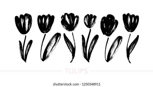 Collection of hand drawn graphic tulips. Floral clip art elements. Branches, leaves and buds. Vector set of beautiful silhouettes flowers tulips. Ink illustration isolated on white background.