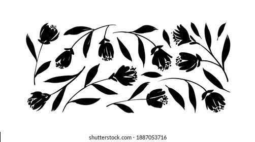 Collection of hand drawn graphic tulips. Floral clip art elements. Branches, leaves and buds. Vector set of beautiful silhouettes flowers tulips. Ink illustration isolated on white background.