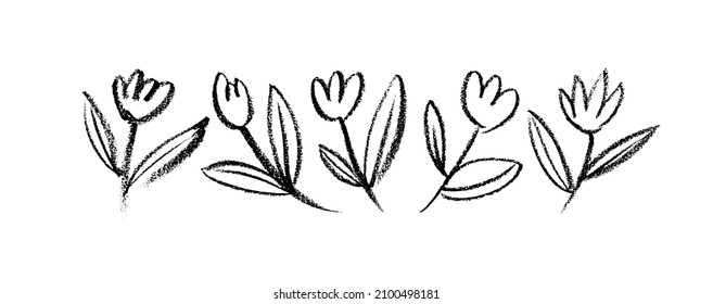 Collection of hand drawn graphic tulips. Floral clip art elements. Branches, leaves and buds. Vector set of childish drawings. Flowers tulips in outlines. Ink illustration isolated on white background