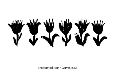 Collection of hand drawn graphic tulips. Vector set of beautiful silhouettes flowers tulips. Black vector organic brushstrokes.