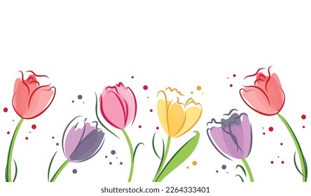 Collection of hand drawn graphic tulips. Floral clip art elements. Branches, leaves and buds. Vector set of childish drawings. Flowers tulips in outlines.Flower isolated on white background.