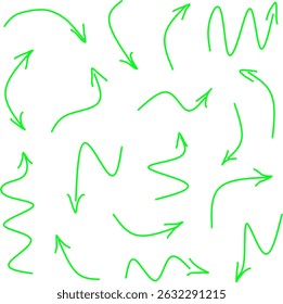 Collection of hand drawn green arrows in various curved, wavy and zigzag styles on white background. Ideal for creative designs, infographics, presentations, landing pages.