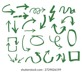 Collection hand drawn green arrows. Set simple green arrows isolated on white background. Arrow marker mark 