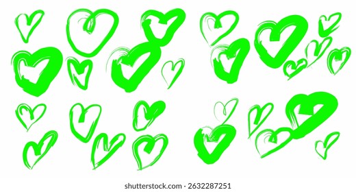 Collection of hand drawn green heart illustrations on white background. Expressive, sketchy and romantic doodles suitable for Valentine's Day, love themes, greeting cards.