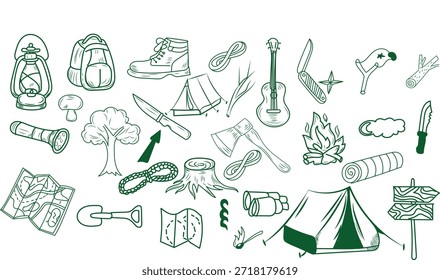 Collection of hand drawn green line art icons representing essential outdoor camping and hiking adventure equipment necessary for wilderness survival and exploration activities.