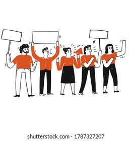 Collection of hand drawn a group of people doing protest.Vector illustrations in sketch doodle style.