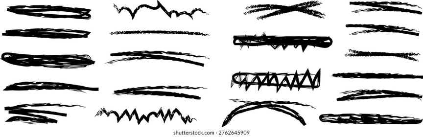 Collection of hand drawn grunge brush strokes, vector design elements, ink lines, distressed textures, isolated on white background.