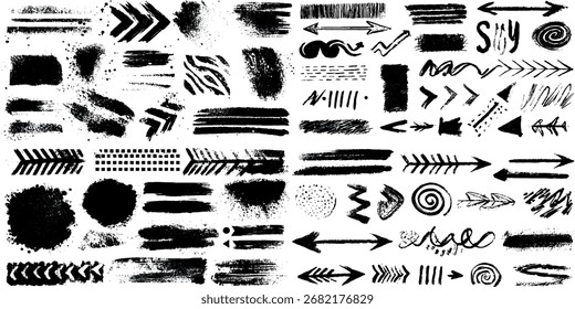 Colección de marcos de grunge dibujados a mano y trazos de pincel con varias manchas de grunge y Formas geométricas, trazos de pinceladas de garabatos dibujados a mano, Colección de garabatos en blanco y negro.