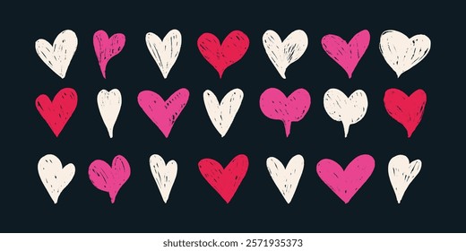 Collection of Hand Drawn Grunge Heart Icons. Cute doodle love sign isolated on dark background. Scribble heart shapes drawn with pencil