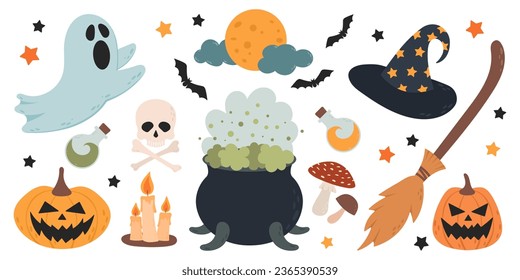 Colección de elementos de halloween dibujados a mano. Calabazas y fantasmas de Halloween.