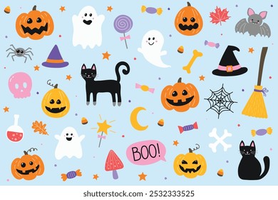 Collection of a hand drawn Halloween icons. Vector illustration
