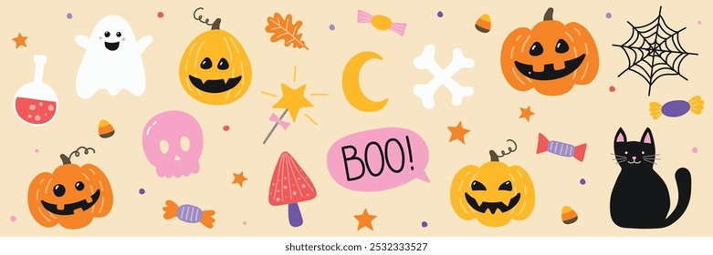 Collection of a hand drawn Halloween icons. Vector illustration