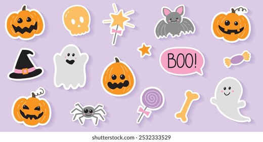 Collection of a hand drawn Halloween icons. Design of stickers. Vector illustration