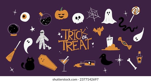 A collection of hand drawn Halloween illustration element in cute and cartoon style