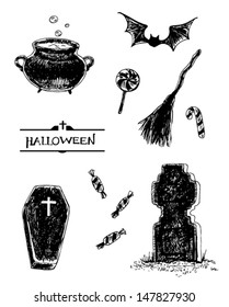 Collection of hand- drawn Halloween related items