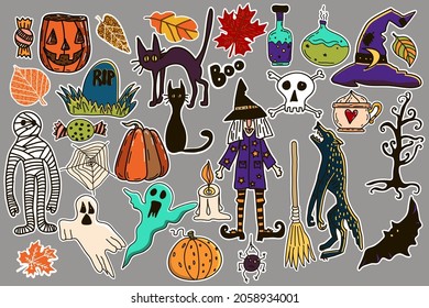 Collection of hand drawn Halloween stickers. Witch, werewolf, mummy, black cats, pumpkin, Jack o Lantern, skull, ghost, spider, fall leaves, coffee, dessert, candle, spice, hot chocolate, garlands 