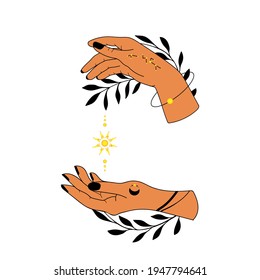 Collection hand drawn hands. Magic astrological symbols vector illustrations. Can use Tattoo design, mystic esoteric symbol.