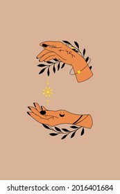 Collection hand drawn hands. Magic astrological symbols vector illustrations. Can use Tattoo design, mystic esoteric symbol.