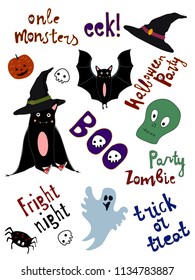 Collection of hand drawn. Happy Halloween. Bats, pumpkin, skull, zombie, witch hat, ghost, spider, halloween lettering. For your design and creativity. Transparent background. Vector