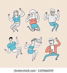 Collection of hand drawn happy people of dancing.  Vector illustrations in sketch doodle style.