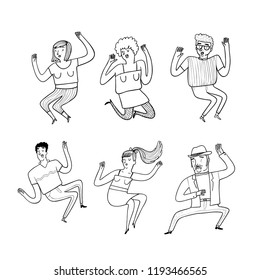 Collection of hand drawn happy people of dancing.  Vector illustrations in sketch doodle style.
